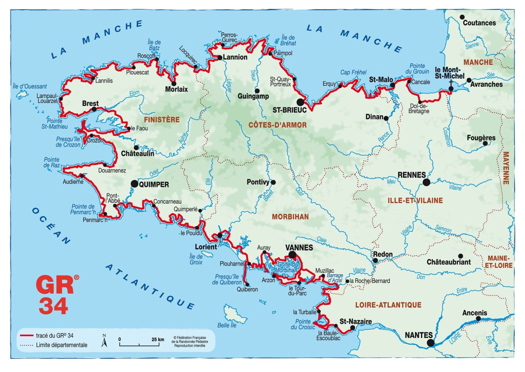 Carte du sentier GR34 en Bretagne - Itinéraires de randonnée autour de Plévenon