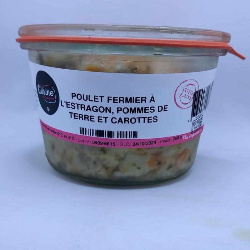 POULET FERMIER À L'ESTRAGON. POMMES DE TERRE ET CAROTTES